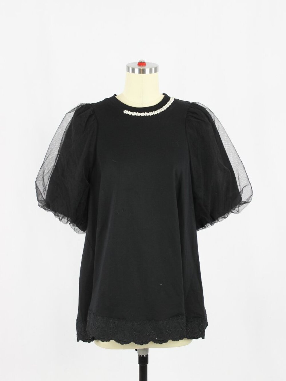 SIMONE ROCHA Black Cotton Pearl Neck Tulle Puff Sleeve Lace Trim T-Shirt, Size S